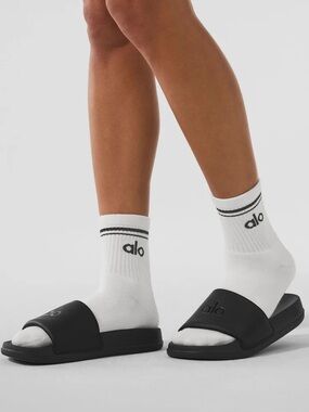 ALO Yoga White Crew Socks with Black Logo Stripe